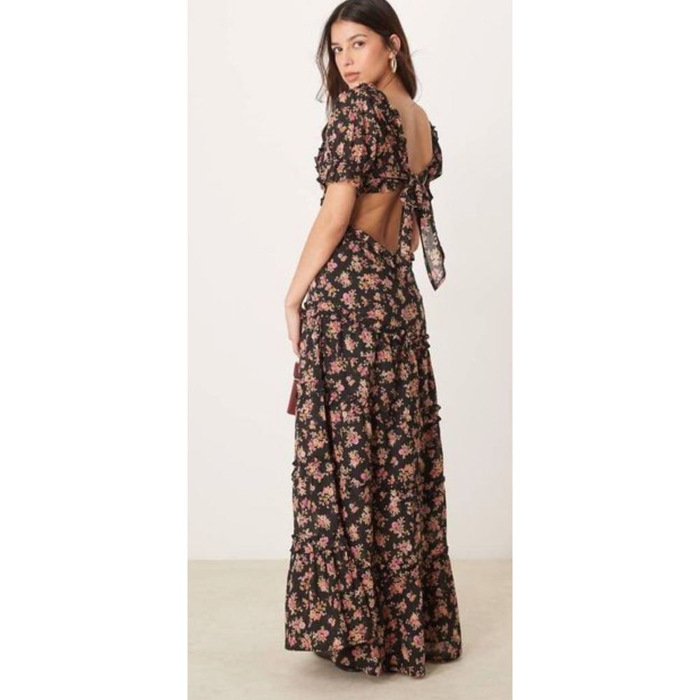ASOS DESIGN Curve Black Floral Tiered Midi Dress Cut Out Back Cotton US 14